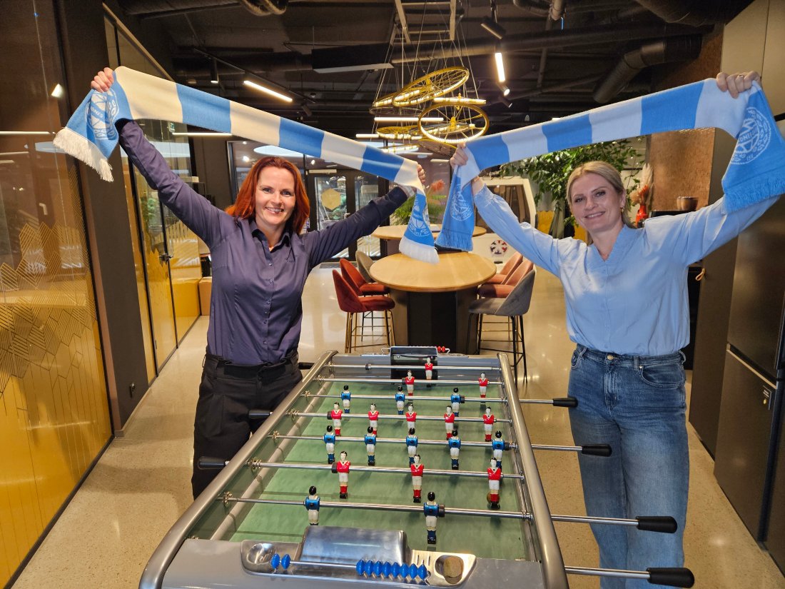 Vibecke Alvestad t.v , Marit Klemp Stephansen og Total Safety er klar for et spennende år med klubben! Her fra deres flotte lokaler i Innovation Dock i Sandnes sentrum.